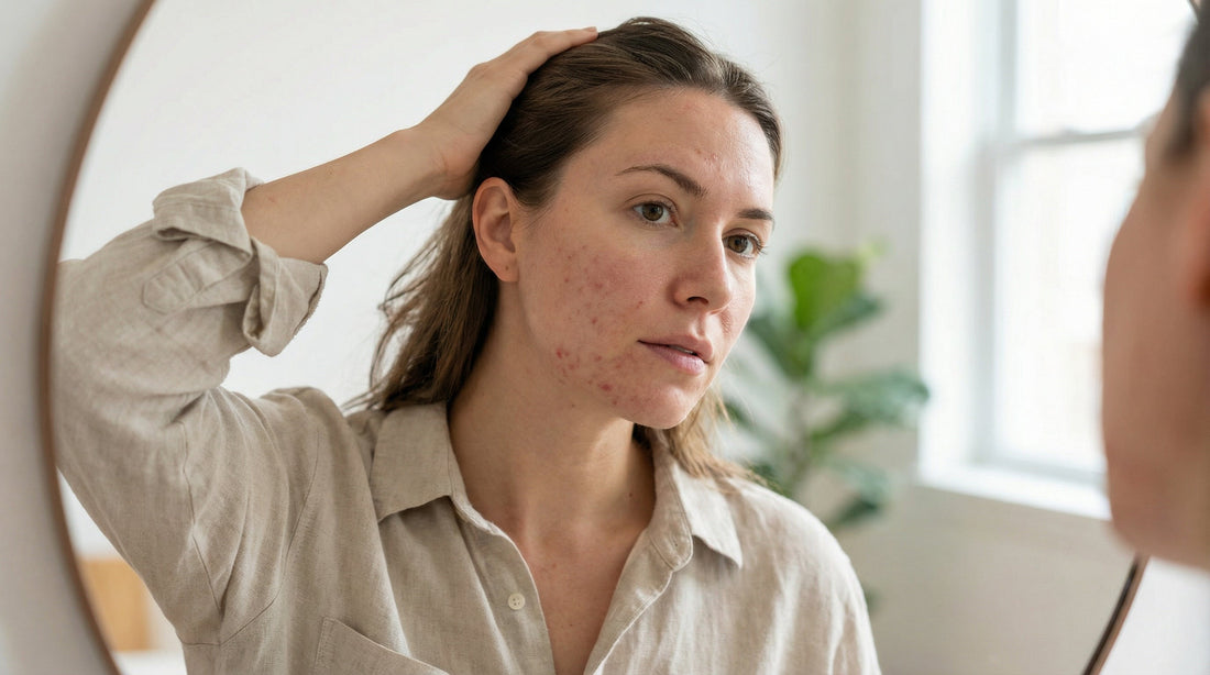 woman examining jawline hormonal acne before menstruation realistic dermatology style